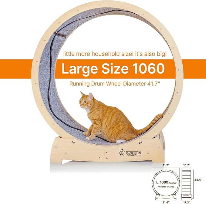 Star Cat Wheel, Cat Treadmill, Exercise Wheel for Running, Spinning, Scratching, and Climbing for Indoor Cats, Premium Birch Wood, Eco-Friendly, Moving Fish, Wide Running Track, 41.7 inch L Size