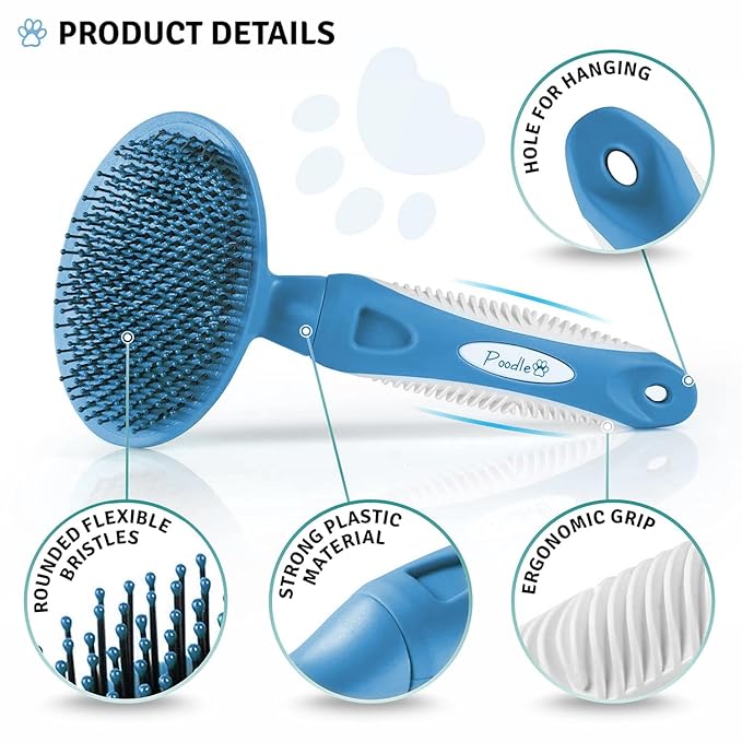 Round Bristle Pet Brush for Dogs and Cats - Soft Dog Brush for Grooming Short or Long Hair - Gentle Tool for Sensitive Skin Removes Dander, Dirt, and Detangles (Blue)