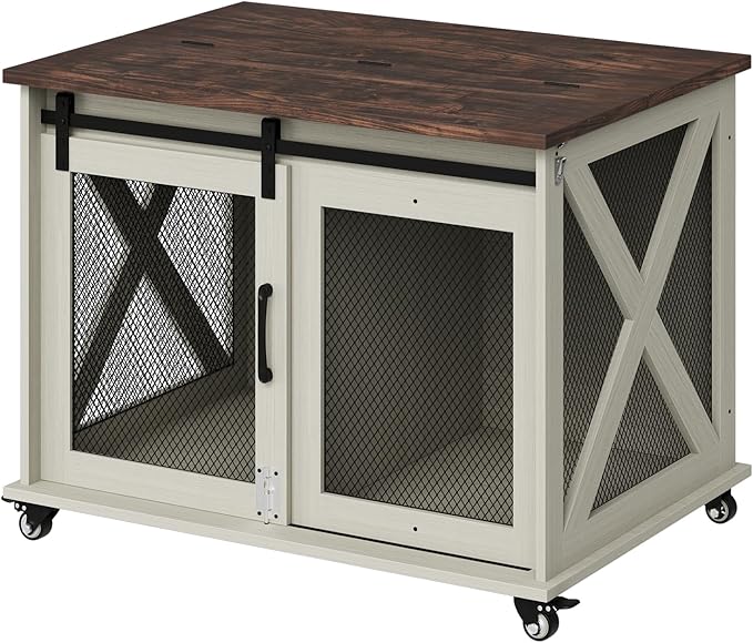 Dog Crate Furniture,37 Inch Indoor Dog Cage with Sliding Barn Door, Flip Top Dog Kennel End Table with Removable Divider, Farmhouse Wooden Pet House for Small to Middle Size Dogs