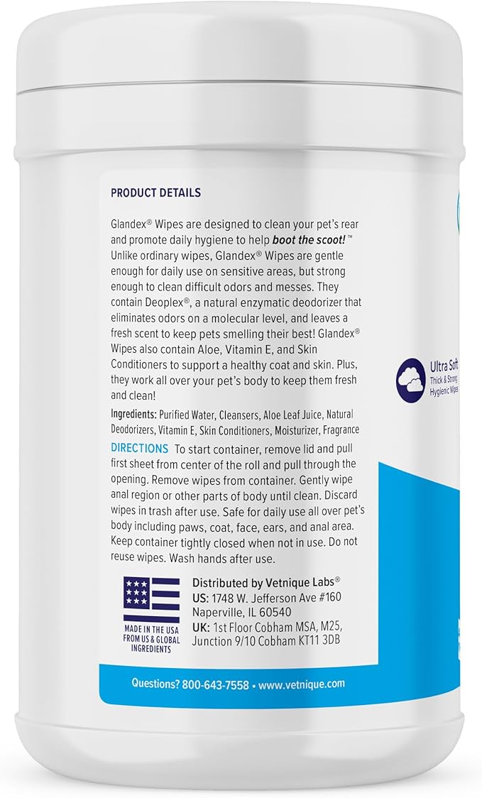 Vetnique Labs Glandex Dog Wipes for Pets Cleansing & Deodorizing Anal Gland Hygienic Dog & Cat Wipes with Vitamin E, Skin Conditioners and Aloe (75ct)