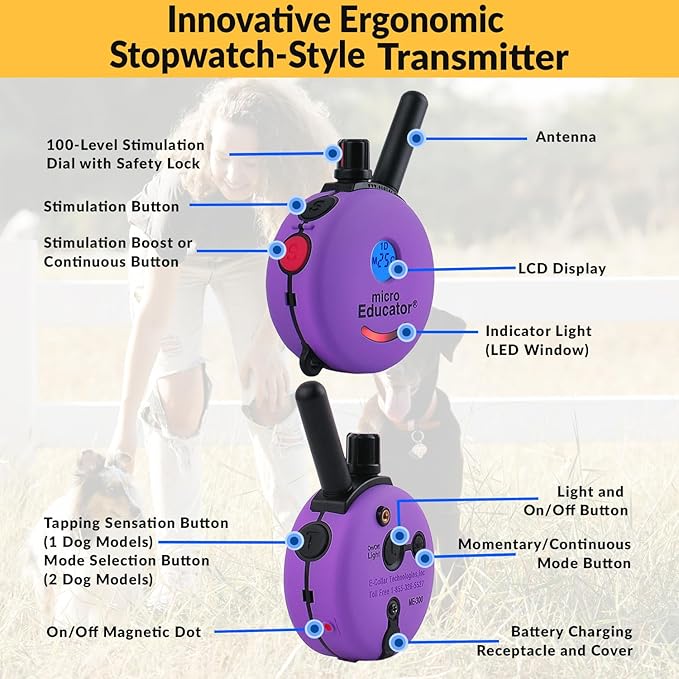 Educator E-Collar Humane Dog Training Collar with Remote, 100 Safe Tapping Stimulation Levels, Night Light, Waterproof, Rechargeable, 1/3 Mile 2 Small Dogs, Purple