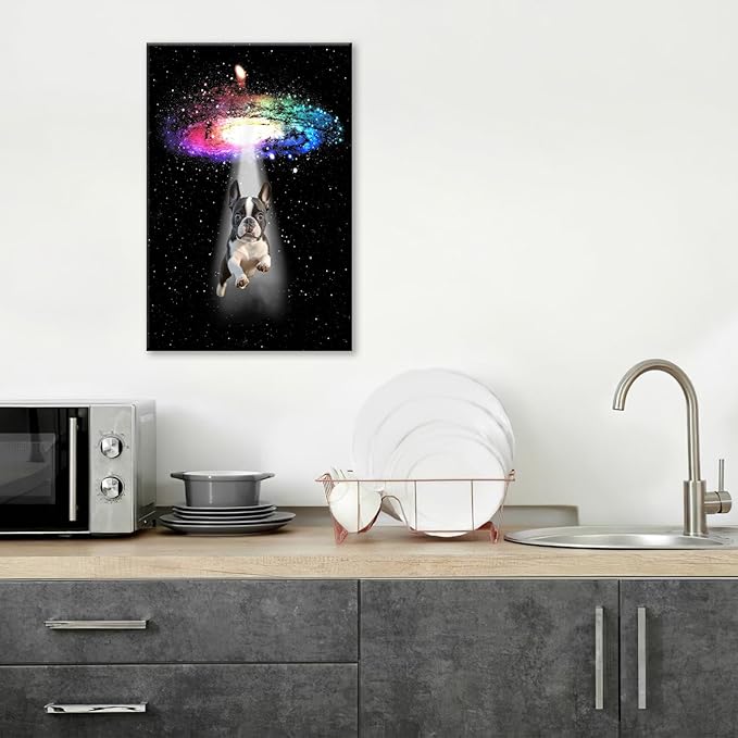 Funny Dog Wall Art Canvas Boston Terrier Wall Decor Prints Framed Painting Bulldog Galaxy Pictures Gifts Artwork for Bathroom 16"x24"
