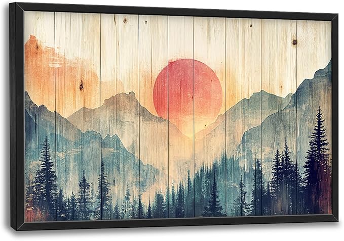 Framed Large Cabin Mountain Wall Art for Living Room, Oversized Rustic Forest Wall Decor, Rustic Nature Landscape Canvas Painting Sunset Pictures Home Decoration for Bedroom Office 36"x24"