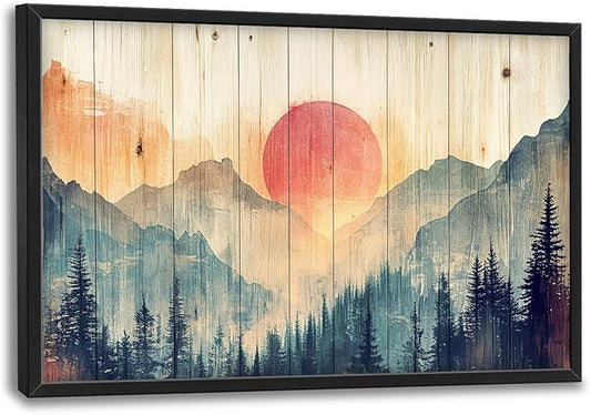 Framed Large Cabin Mountain Wall Art for Living Room, Oversized Rustic Forest Wall Decor, Rustic Nature Landscape Canvas Painting Sunset Pictures Home Decoration for Bedroom Office 36"x24"