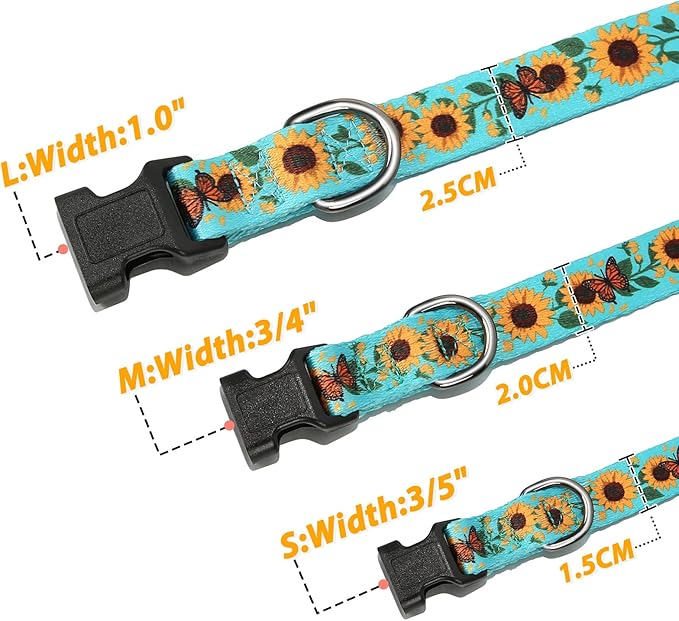 HEELE Dog Collar, Adjustable Soft Dog Collar for Small Medium Large Dogs,Sunflower Floral Patterned Puppy Collars with Quick Release Buckle Sunflower Green M Length 13.39''-20.87''