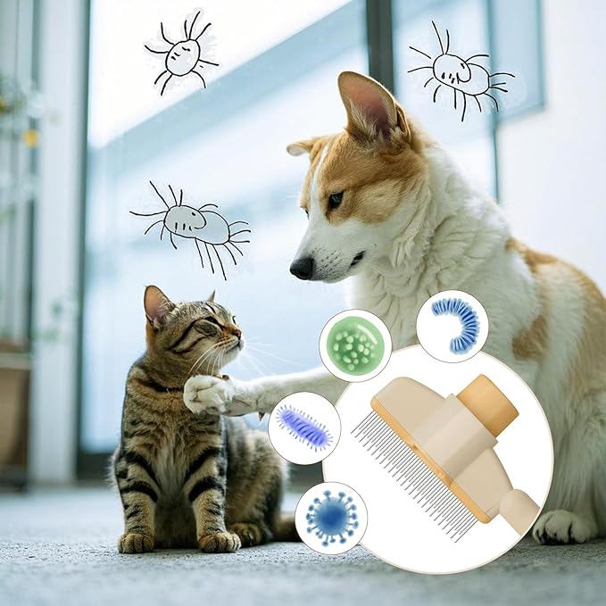 Pet Hair Removal Comb Flea Comb, New Cat Brush with Release Button Pet Hair Grooming Brush Supplies (YELLOW)