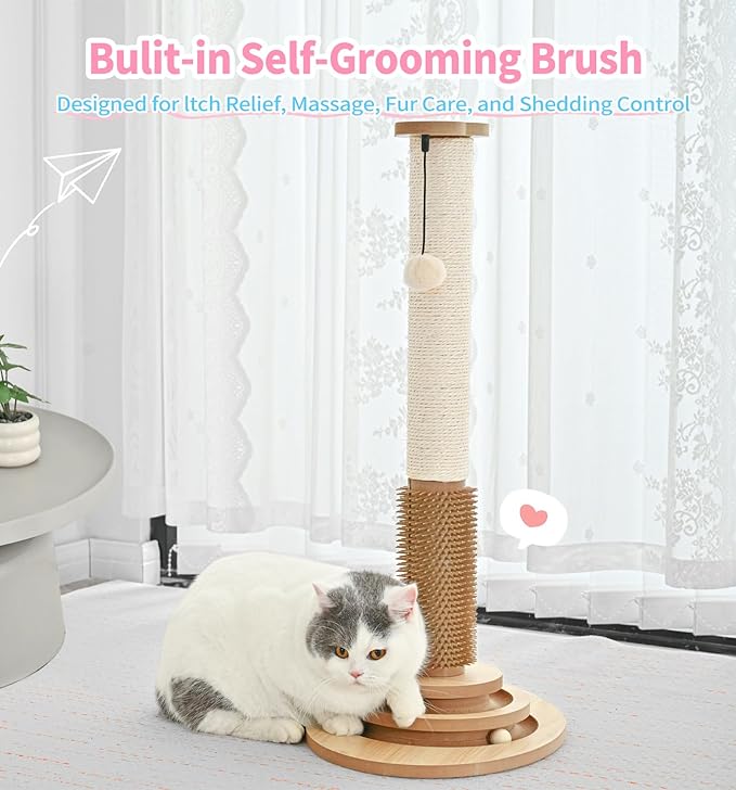 Made4Pets Cat Scratching Post Premium Sisal Cat Scratcher Kitten Toys for Indoor Kittens 28.3" Tall Cat Tower Scratch Post Cat Tree Wooden Interactive Ball Track Cat Toy with Hanging Ball, Beige