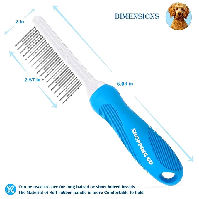 Detangling Pet Grooming Comb for Dogs & Cats with Long & Short Stainless Steel Metal Teeth for Removing Tangles and Knots - Dematting Brush to Detangle Matted Hair