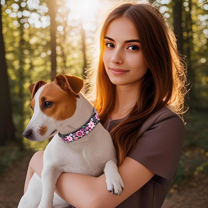 HEELE Dog Collar, Adjustable Soft Dog Collar for Small Medium Large Dogs,Floral Patterned Puppy Collars with Quick Release Buckle Galsang Black S Length 9.84''-14.96'