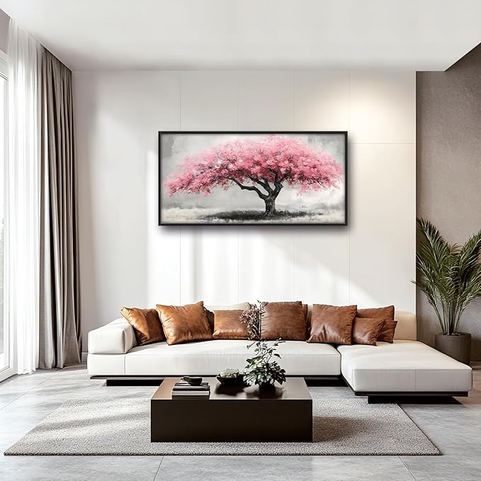 Extra Large Framed Pink Tree Wall Art,Abstract Tree of Life Wall Decor,Pink and Grey Pictures for Living Room,Canvas Print Painting Modern Artwork Bedroom Office Bathroom Home Decor 60L x30W