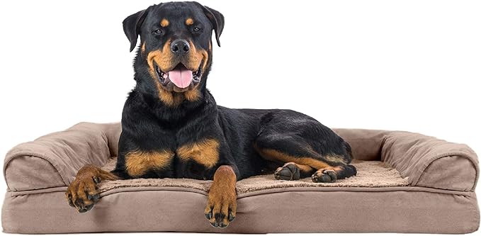 Furhaven Orthopedic Dog Bed for Large Dogs w/ Removable Bolsters & Washable Cover, For Dogs Up to 95 lbs - Plush & Suede Sofa - Almondine, Jumbo/XL