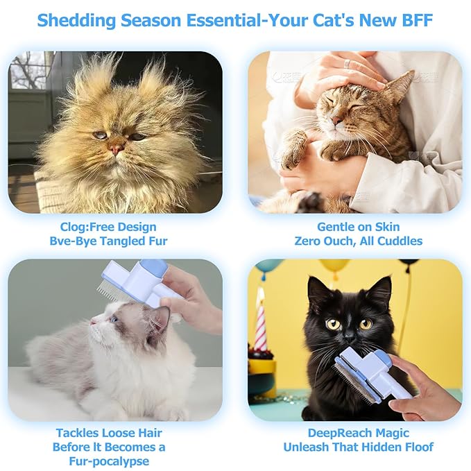 Zen Brush for Cats: Cat Flea Comb & Dematting Comb for Cats - Self-Cleaning Pet Hair Removal Tool with Long & Short Stainless Steel Teeth, Blue Pink