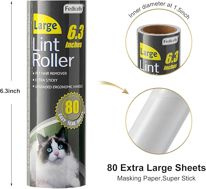 Fedicelly Large Lint Rollers Pet Hair Extra Sticky Refills,Mega Value Set 6.3 inches Wider with 320 Sheets for Cat and Dog Hair Removal,80 Sheets Per Roller