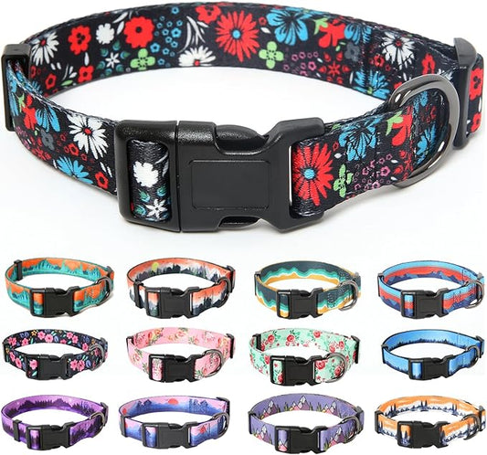 HEELE Dog Collar, Adjustable Soft Dog Collar for Small Medium Large Dogs,Floral Patterned Puppy Collars with Quick Release Buckle M Length 13.39''-20.87''