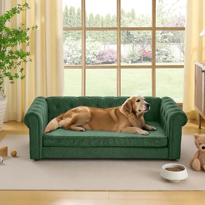 Dog Sofa Couch for Medium to Large Dogs, 55" Memory Foam Pet Sofa Couch with Washable Fabric, Durable Elevated Dog Bed with Legs, Removable Cushion for Medium and Large Dogs, Green
