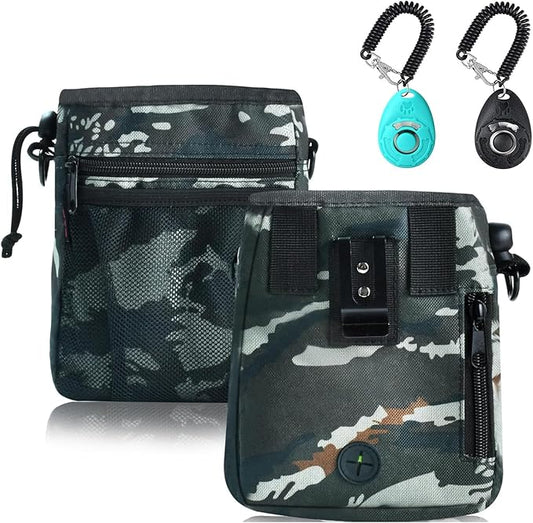 Dog Treat Pouch - 3 Ways to Wear Treat Pouches for Pet Training and 2 Pieces Clicker Taining for Dogs, Dog Training Treat Pouch Bag and Dog Clicker for Training with Waist Belt Shoulder Strap - Camo