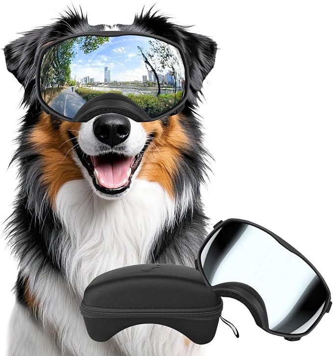Dog Sunglasses UV Protection Clear Dog Goggles Windproof Glasses with Elastic Straps for Medium-Large Breed, Black Frame + Silver Lens