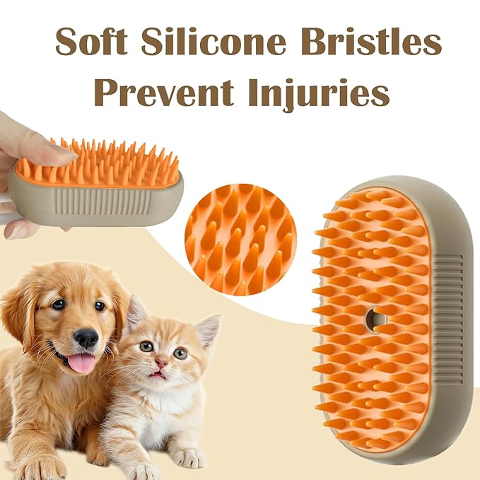 Cat Steam Brush, 3 in 1 Pet Spray Hair Removal Comb, Cats and Dogs Brush for Shedding, Rechargeable Silicone Pet Steam Brushes, Spritz Defur Comb for Massage, Cleaning and Remove Loose Hair - Khaki