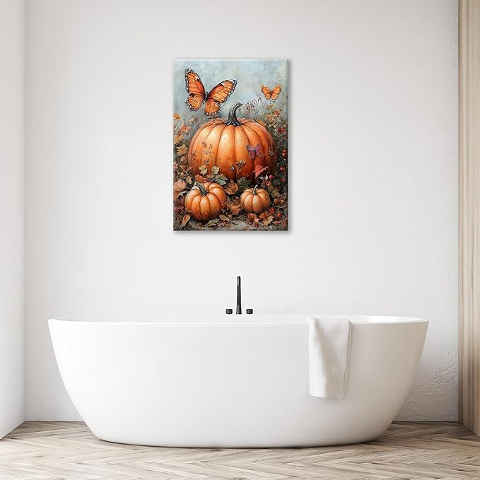 Fall Pumpkin Pictures Wall Art, Rustic Thanksgiving Bathroom Wall Decor, Farmhouse Autumn Butterfly Framed Painting Canvas Artwork for Harvest Gift Bedroom Living Room Decorations 24"L x 16"W