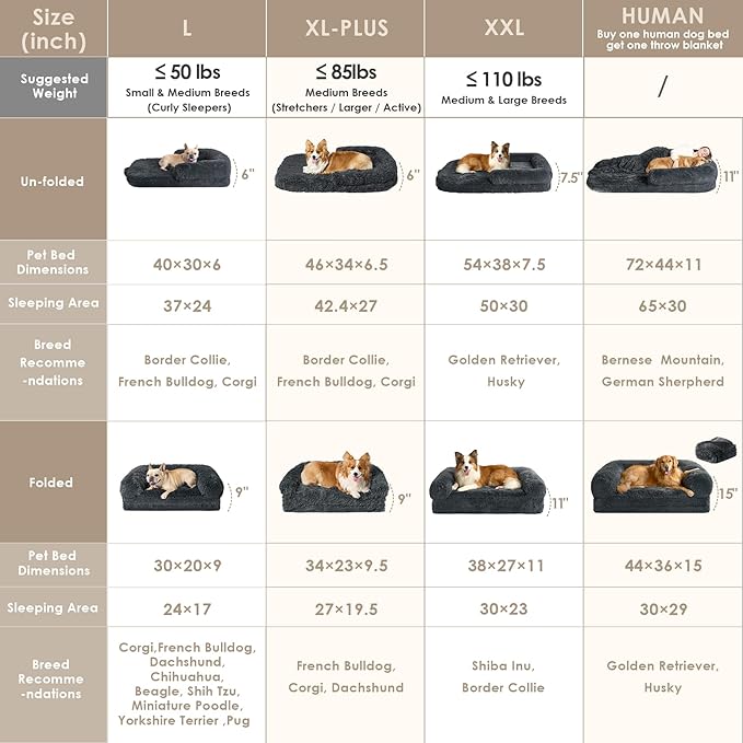 EHEYCIGA Foldable L Dog Bed, Faux Fur Fluffy Dog Couch Bed, Orthopedic Calming Memory Foam L Pet Bed for Large Dogs, Washable Soft Warm Pet Sofa Bed with Non-Slip Bottom, Dark Grey, 40"x30"x6"