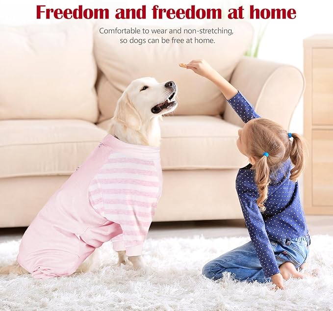 Dog Recovery Suit, Abdominal Wound After Surgery Wear, Anti Licking Bodysuit with Snaps, E-Collar & Cone Alternatives, Striped Dog Spay Surgical Pajamas Prevent Shedding(Medium, Pink)