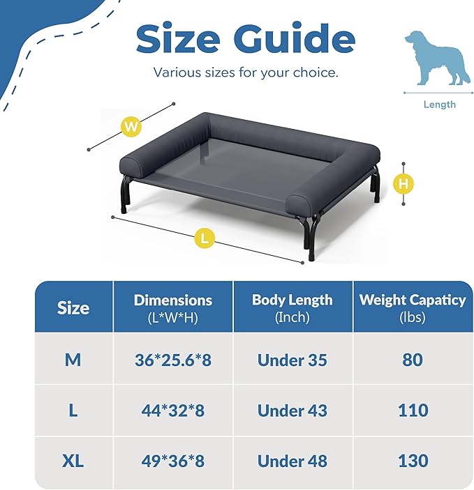Easy Assemble Elevated Dog Bed - Cooling Outdoor Cot with Bolster, Washable Raised Bed with Durable Breathable Teslin Mesh, Non-Slip Feet - Deep Grey, M