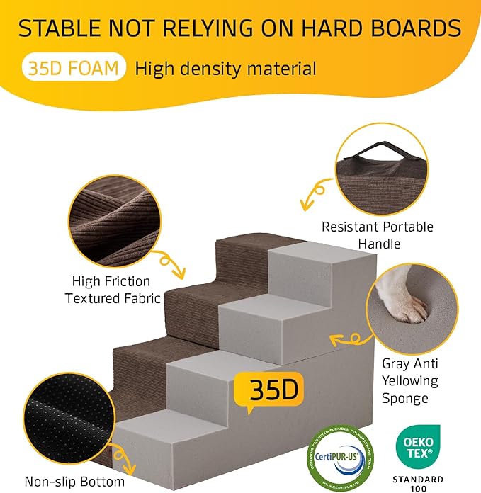 Dog Stairs for High Bed, Dog Steps for Bed Couch Sofa, 35D Foam Pet Steps for Small Dogs and Cats, Extra Wide Pet Stairs with Non-Slip Bottom Brown, 5 Steps
