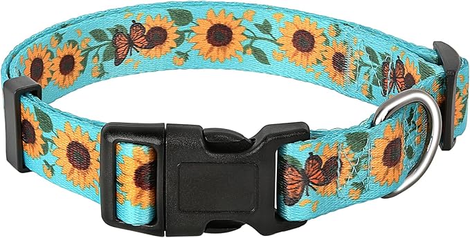 HEELE Dog Collar, Adjustable Soft Dog Collar for Small Medium Large Dogs,Sunflower Floral Patterned Puppy Collars with Quick Release Buckle Sunflower Green M Length 13.39''-20.87''