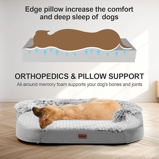 3.7 inch Thickened Orthopedic Dog Beds for Large Dogs, Supportive Dog Sofa Bed with 28D Egg-Crate Foam, Removable Washable Plush Cover, Waterproof Lining, Half-Round Design for Puppy, Senior Dog