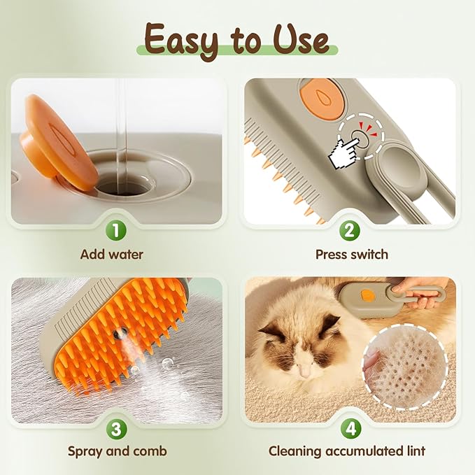 Upgrade Cat Steam Brush, 3 in 1 Pet Steam Groomer Brush, Rechargeable Pet Steam Groomer Comb for Massaging and Cleaning Shedding Pets Hair, Anti-Static Hair Removal Comb for Cats Dogs (Khaki+White)