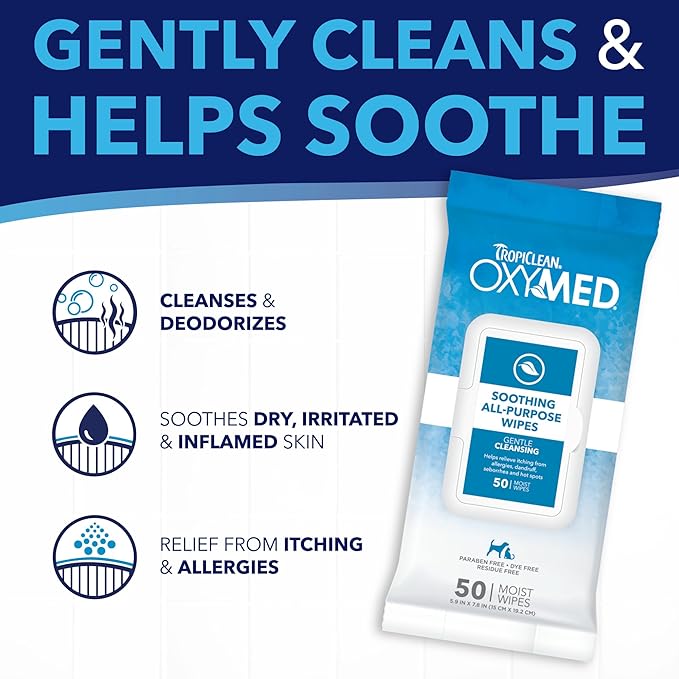 TropiClean Oxymed Soothing Allover Cat & Dog Wipes For Paws And Butt | Anti Itch Relief For Dogs & Cats 50 Count