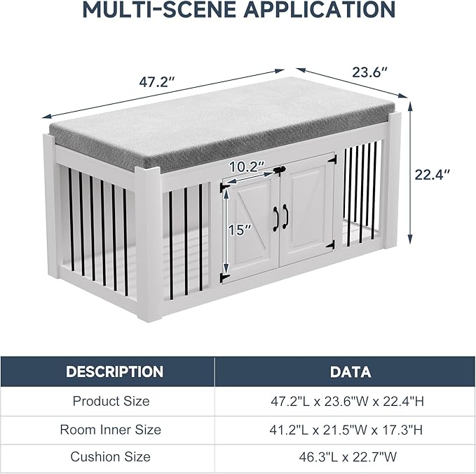 Dog Crate Furniture with Padded Seat, Luxury Wooden Dog Kennel, End of Bed Bench Ottoman with Removable Cushion for Bedroom, Living Roome, White