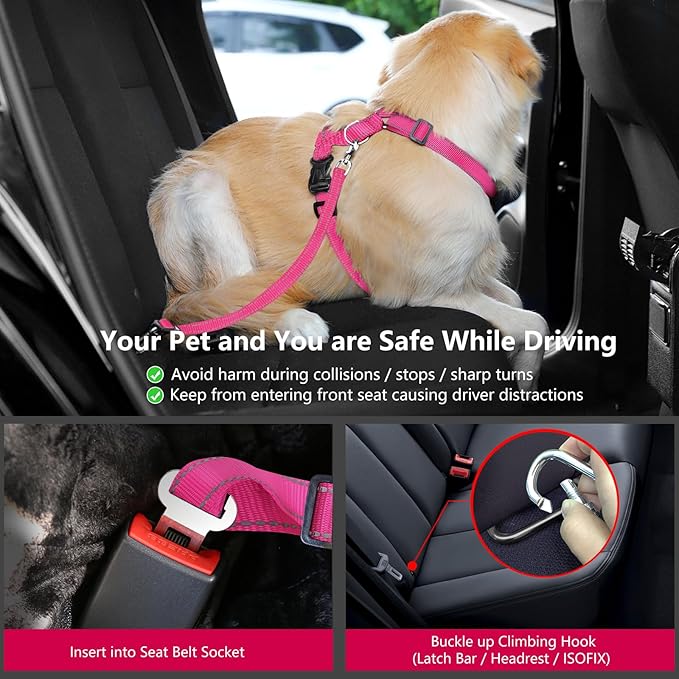 Dog Seat Belt Harness for Car, Dog Car Harness Adjustable Mesh Breathable & Dog Seatbelt Safety Tether with Elastic Bungee for Small Medium Large Pets(Rose, M)