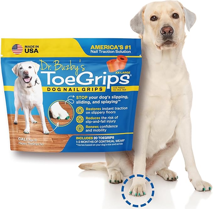 Dr Buzby's XXLarge ToeGrips for Dogs - Instant Traction on Wood/Hardwood Floors - Anti Slip Relief - Grippers for Senior Dogs - Stop Sliding Instantly - Rubber Nails for Paws - 1 Pack (20 Grips)