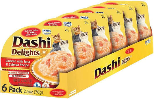 INABA Dashi Delights for Cats, 2.5 Ounce Cup, 6 Cups Total, Chicken with Tuna & Salmon Recipe
