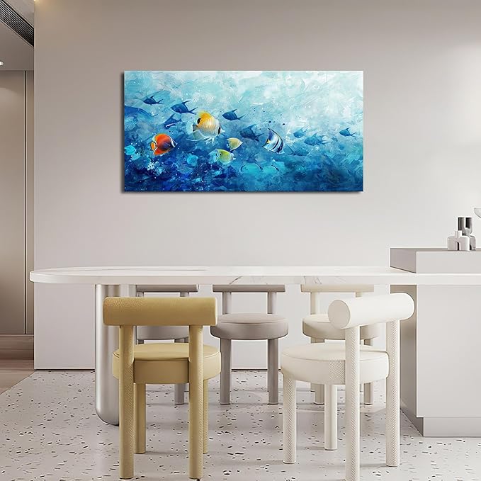 Extra Large Wall Art Tropical Fish Canvas Living Room Pictures Framed Prints Ocean Blue Oversize Wall Decor Animal Painting Artwork for Bedroom Dining Office Home 60"x30"