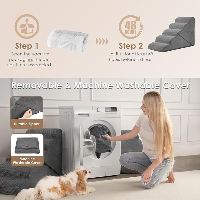 EHEYCIGA Curved Foldable Dog Stairs Ramp for High Beds 22.5" H, 5-Step Dog Steps for Small Dogs and Cats, Pet Stairs for High Bed Climbing, Non-Slip Balanced Pet Step Indoor, Grey