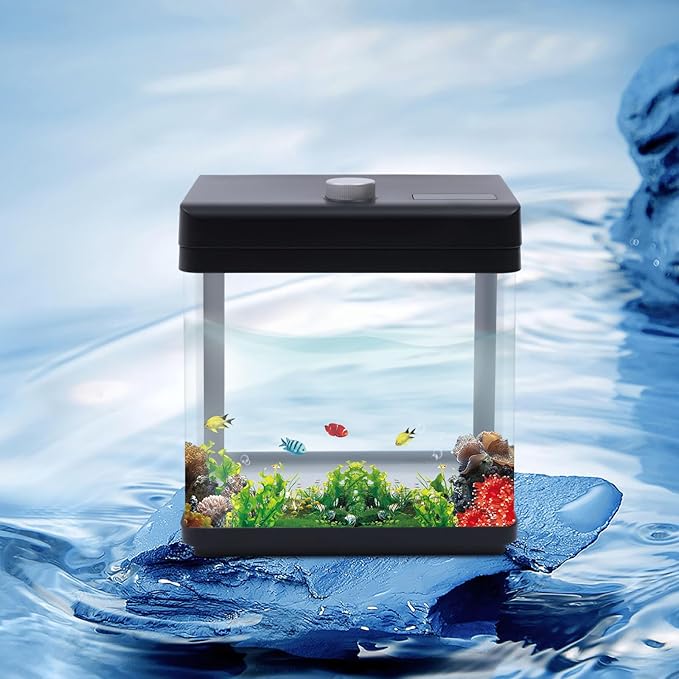 1.5 Gallon Fish Tank Starter Kits, Low Noise Betta Fish Tank with Fil-TER LED Light Submersible Pu-mp, Glass Small Fish Tank Smart Aquarium kit with Dimmer Button Water Temperature Display