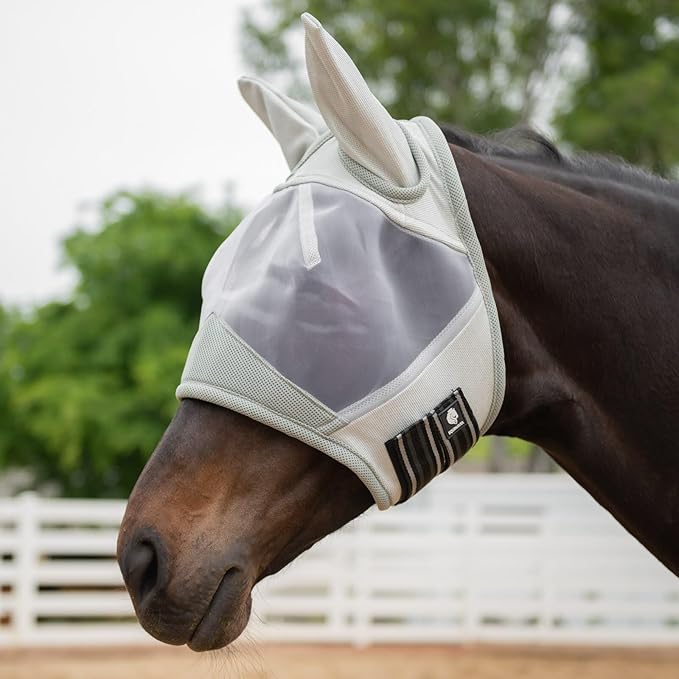 Equinavia Algard Soft Mesh Horse Fly Mask with Ear Protection and 45 UPF Rating | No Eye Irritation & UV Protection - Silver - Pony