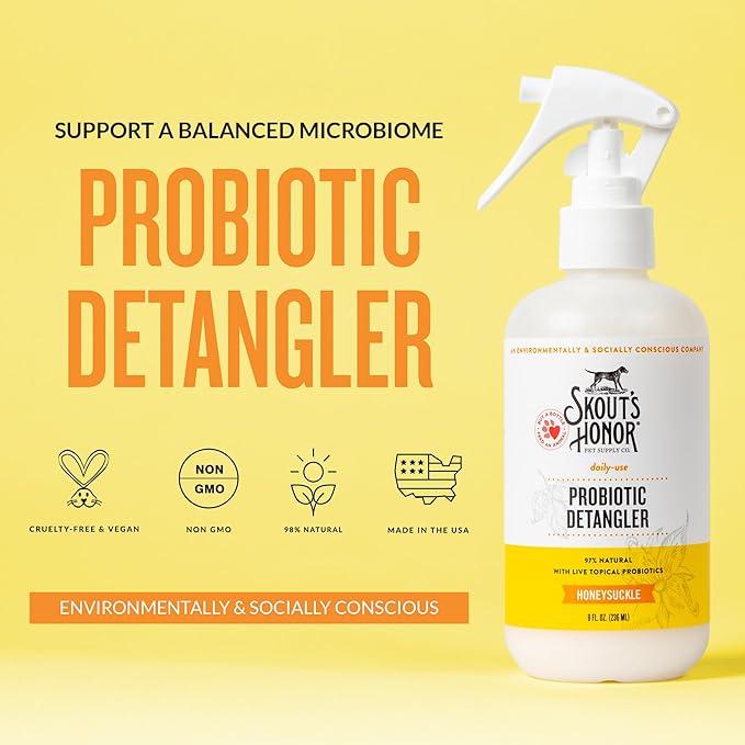 Skout's Honor Pet Detangler Spray - Hydrating & Conditioning with Avocado Oil & Probiotics, 97% Natural, Paraben & Sulfate-Free, softens for a More brushable Coat, Daily Use, 8oz, Honeysuckle, 2-Pack