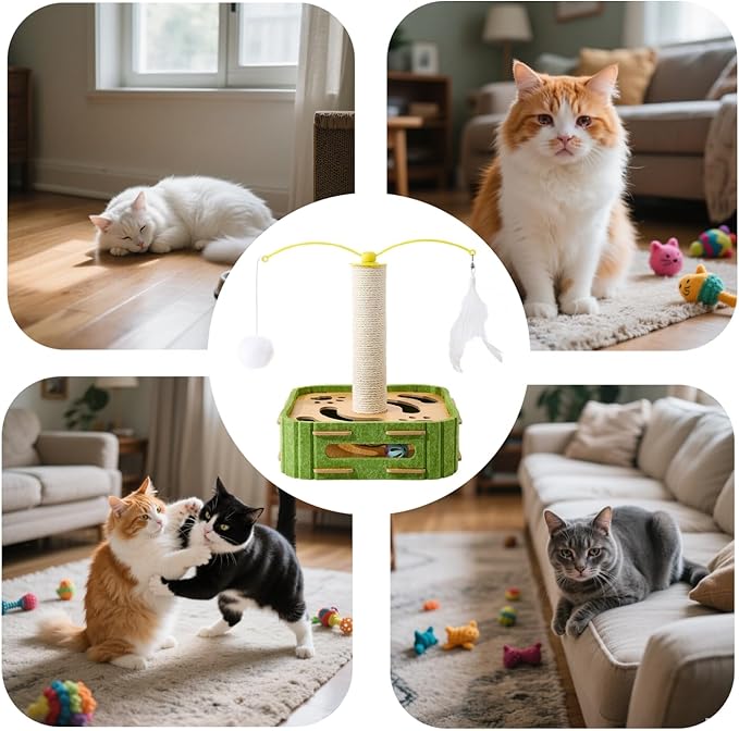 Interactive Cat Puzzle Toy - Scratching Post with Spinning Balls & Feathers for Indoor Cats, Satisfies Hunting Instinct, Self-Play Mental Stimulation Game with Rolling Track