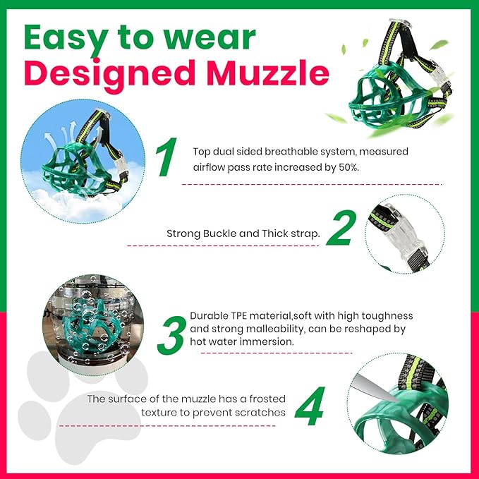 Dog Muzzle, Basket Muzzle for Small Medium Large Dogs, Anti-Biting and Chewing, Lightweight & Sturdy Cage Design, Allows Panting & Drinking, Ideal for Grooming & Training(Green Size L)