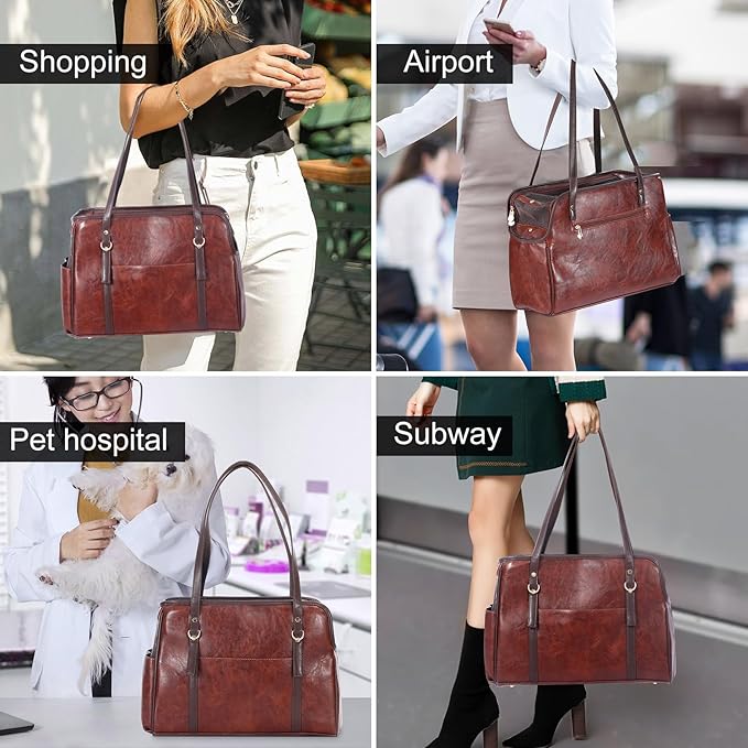 Dog Carrier Purse, Fashion Leather Pet Carrier with Pockets, Airline Approved Soft Sided Dog Carrying Bag for Puppy Cat Dog Coffee