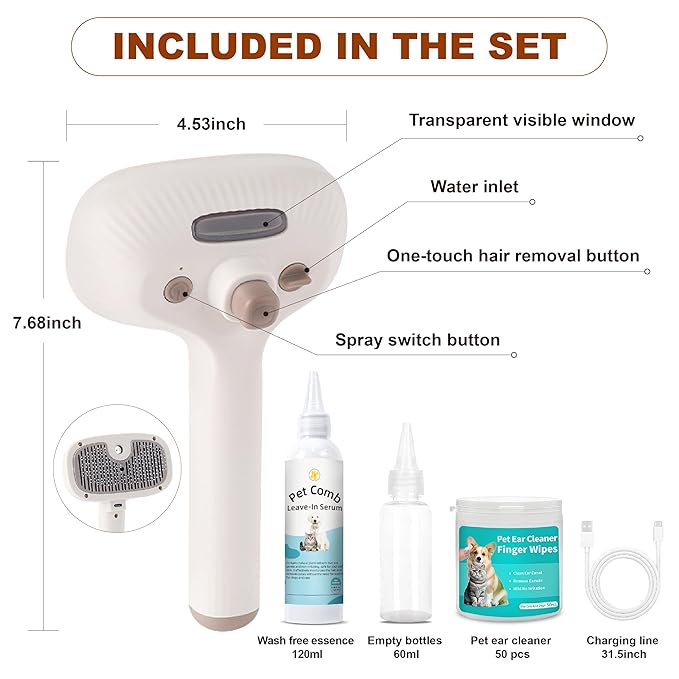 Cat Steam Brush, Dog Brush for Shedding, Pet Spray Hair Removal Comb, Pet Brush for Short & Long Hair, USB Rechargeable Grooming Supplies, Spritz Defur Comb with Finger Wipe for Teeth (White)