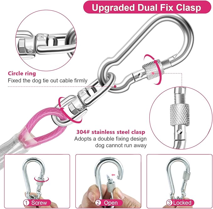 Dog Tie Out Cable for Outside,15FT Long Dog Leash&Chains with Swivel Hook,Small-Large Dogs Runner Cable for Yard,Heavy Duty Dogs Lead Line for Outdoor and Camping (500lbs 15FT, Pink)