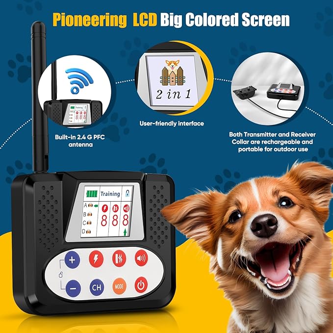 Electric Fence for Dogs, Wireless Dog Fence System, with Big LCD Color Screen, Portable Wireless Pet with Remote Training Collar, Dog Perimeter, Adjustable Collar for Big Medium Small Dogs