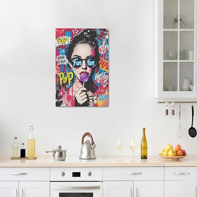 Fashion Women Wall Art Glam Modern Artwork for Girls Banksy Street Graffiti Pop Art Canvas Pictures Painting Print Framed Decorations Gifts for Bedroom Living Room Office 16"x24"