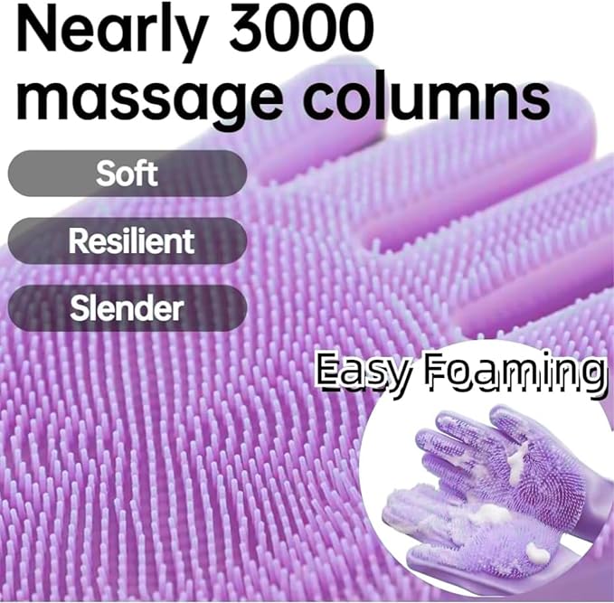 Dog Washing Gloves, Pet Grooming Gloves with Soft Brushes, Bathing and Massaging for Dogs and Cats, Silicone Heat Resistant Cleaning Gloves with High-Density Teeth (Purple)