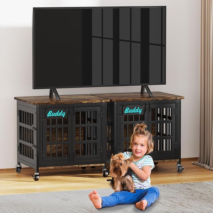 EasyCom Heavy Duty Dog Kennel Indoor with Name Tag, 27" Dog Crate Furniture for Small Dogs, Double-Doors Sturdy Metal Dog Cage for Anxiety Dog