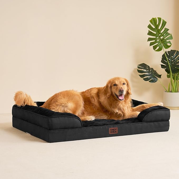 EHEYCIGA Orthopedic Dog Beds for Extra Large Dogs, Waterproof Memory Foam XXL Dog Bed with Sides, Non-Slip Bottom and Egg-Crate Foam Big Pet Couch Bed with Washable Removable Cover, Black